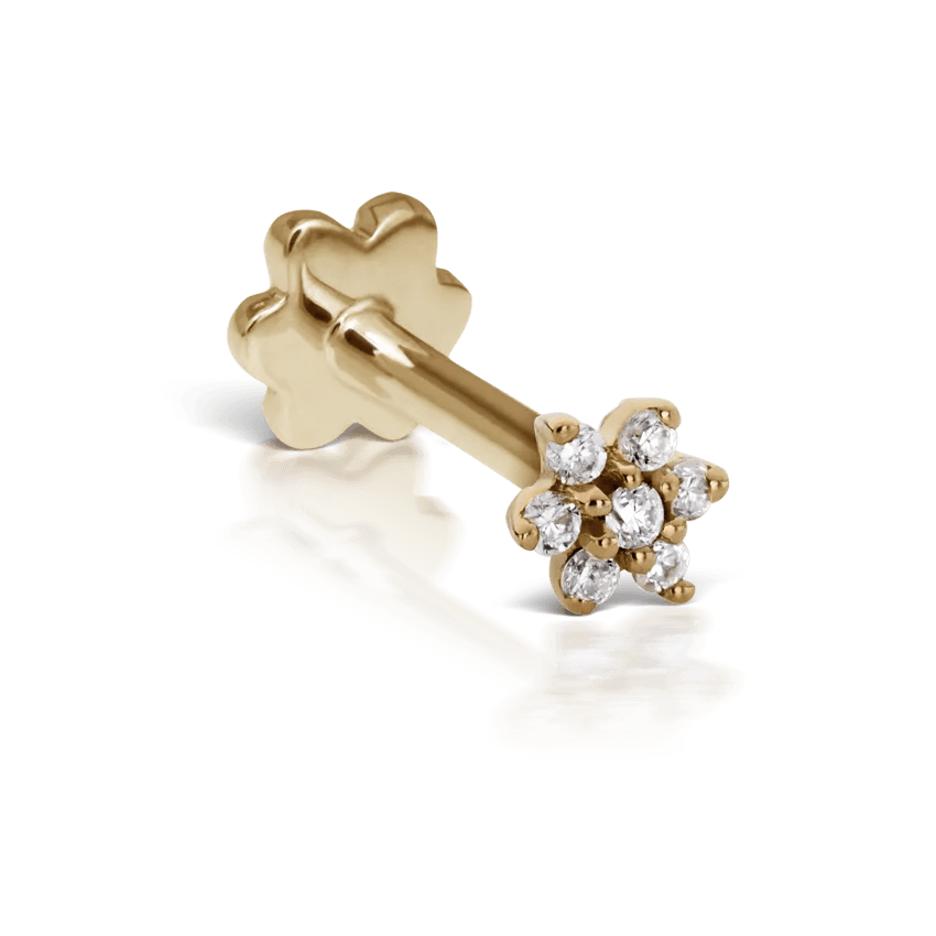 Maria Tash Diamond Flower Treaded Stud Earring 3 mm in goud met kleine diamanten, bloemendetail. Model xfld-yg-w3-001-1.