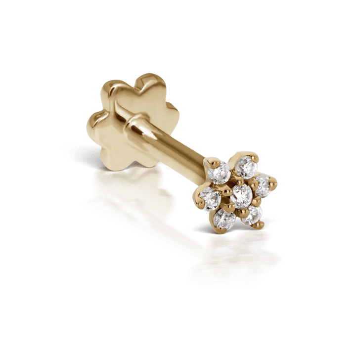 Maria Tash Diamond Flower Treaded Stud Earring 3 mm in goud met kleine diamanten, bloemendetail. Model xfld-yg-w3-001-1.