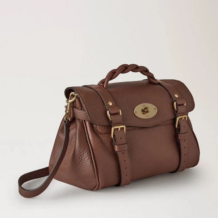 Mulberry Alexa Heavy Grain Bright Oak handtas in bruin leer met gevlochten handvat, model HH6746/736G222.
