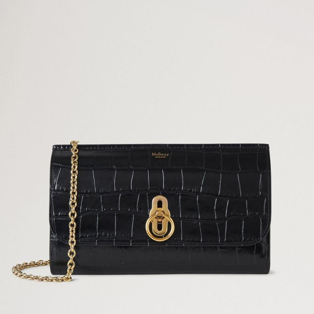 Mulberry Amberley Clutch Black Shiny Small Croc, elegante zwarte clutch van glanzend krokodillenreliëfleer met gouden ketting en draaisluiting. ModelRL8191641A100.