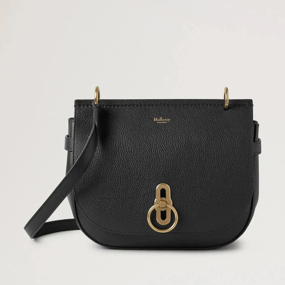 Mulberry Amberley Satchel Small Classic Grain Black, schoudertas in zwart leer met goudkleurige gesp, Model HH9799205A100