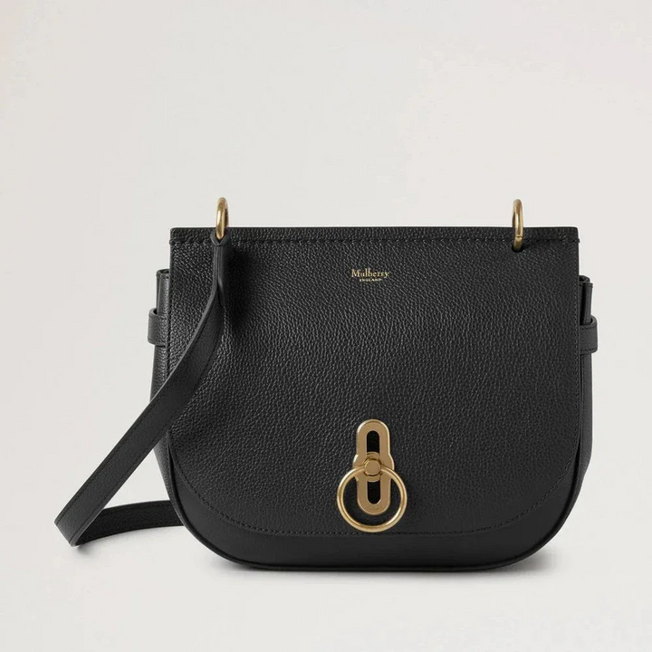 Mulberry Amberley Satchel Small Classic Grain Black, schoudertas in zwart leer met goudkleurige gesp, Model HH9799205A100