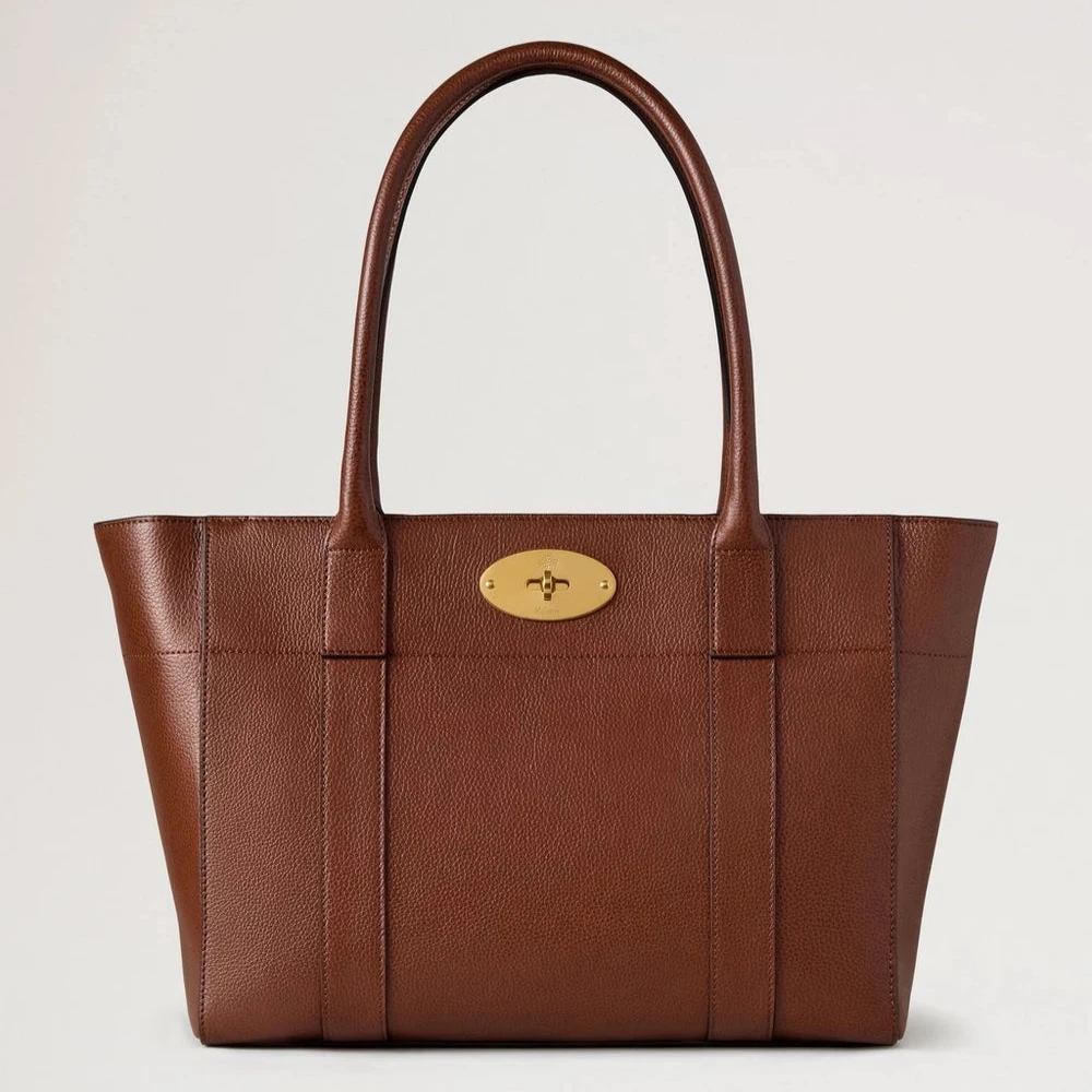 Mulberry Bayswater 9 tot 5 kleine klassieke graankleurige tweekleurige eiken, bruine leren tas met gouden gesp, model HH9834552G110.