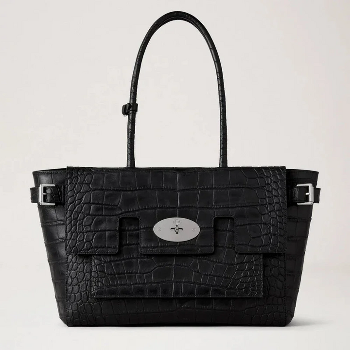 Mulberry Gesp Bayswater NVT Croc, zwarte schoudertas van leer met krokodillenreliëf en zilveren gesp. ModelHH9957741A100