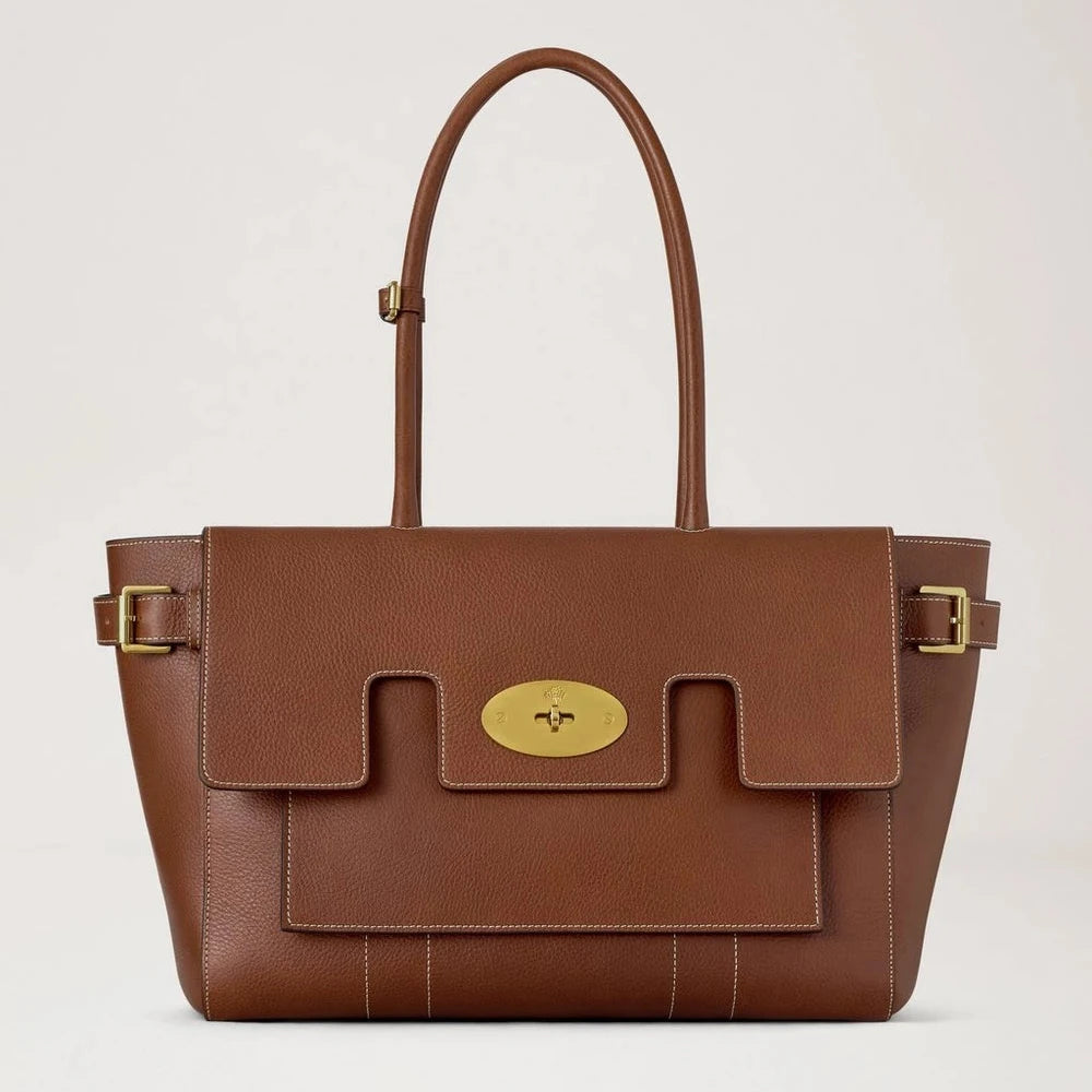 Mulberry Gesp Bayswater Eik NVT toont een grote bruinleren tas met gouden gespen en felgekleurde stiksels. ModelHH9964730G110