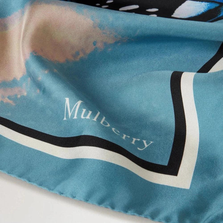Mulberry Vierkante sjaal met vlindervleugels in ijsvogelblauw, zijdeachtig randdetail, model VS4832090T625