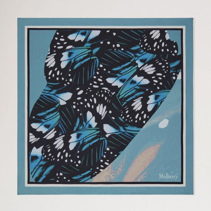 Mulberry Vierkante sjaal met vlindervleugels met blauwe en zwarte vlindervleugels, zijdelook, model VS4832090T625