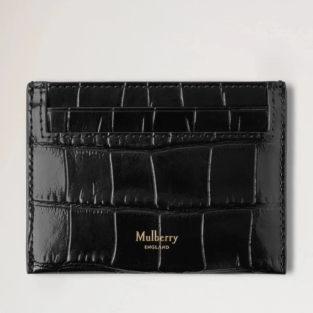 Mulberry Creditcardslip Zwart Glanzend Klein Krokodil toont de voorkant van zwart glanzend leer met krokodillentextuur. ModelRL8748641A100.