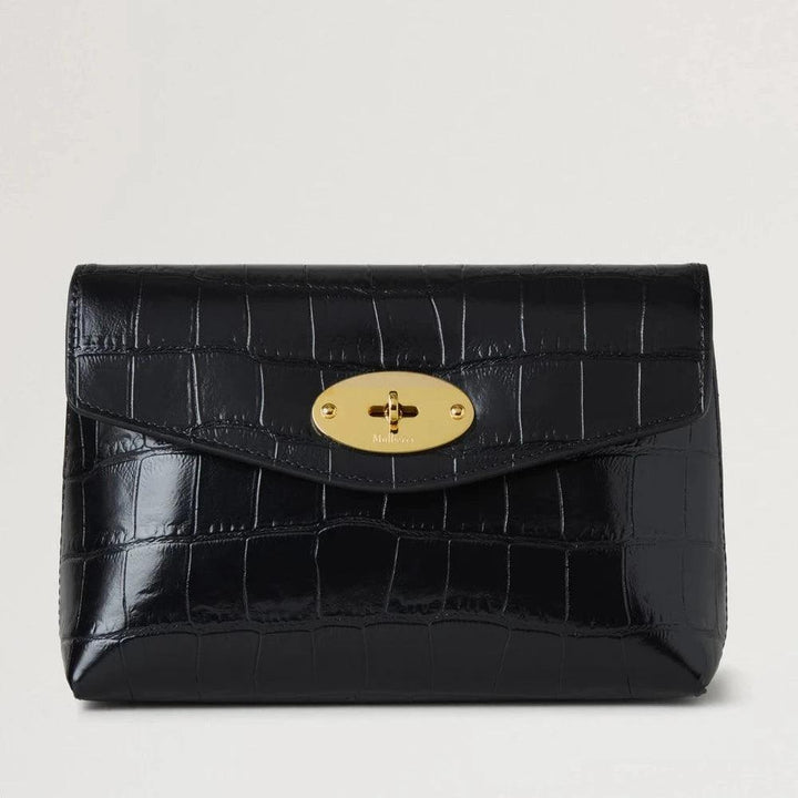 Mulberry Darley Cosmetisch etui Zwart Glanzend Kleine Croc met krokodillenreliëfleer en gouden gesp, Model RL8187641A100