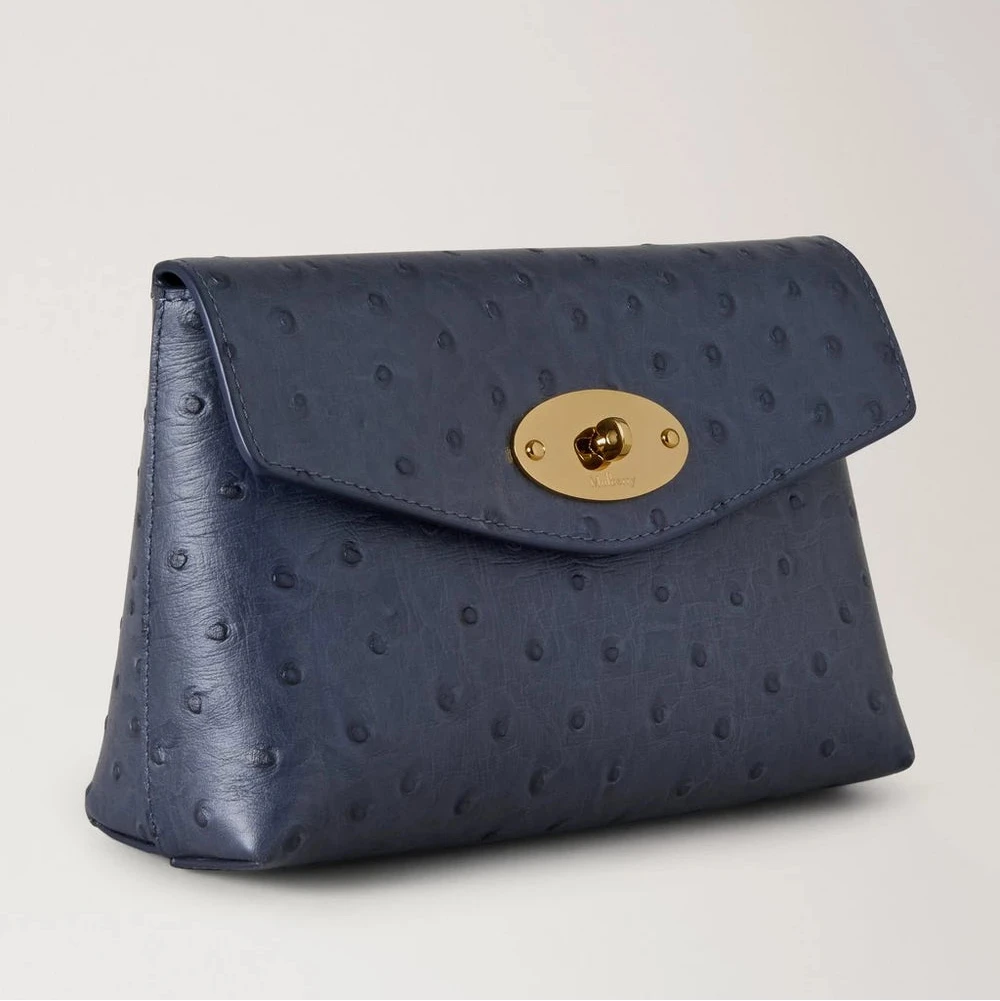 Mulberry Darley Cosmetische tasje Ostrich Stormy Blue toont een blauw cosmetische tasje van reliëfleer met een goudkleurige gesp. ModelRL8933738U918.