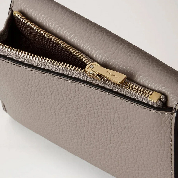 Mulberry Darley Gevouwen portemonnee met meerdere kaarten Kasjmier taupe Klein klassiek graan met zichtbare gouden ritssluiting, detailweergave van leertextuur, model RL6665205F924