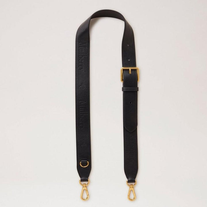 Mulberry Leren band met logo en inscriptie in zwart leer met verstelbare gesp en gouden metalen onderdelen. ModelRX0284587A100.