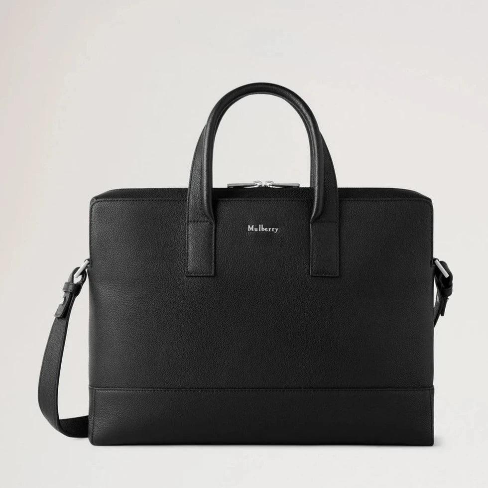 Mulberry Farringdon Briefcase Pebble Grain, zwart leren computertas met handvat en afneembare schouderband. ModelHB5128645A100.