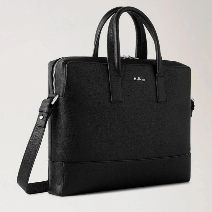 Mulberry Farringdon Briefcase Pebble Grain toont een elegante zwart lederen aktetas met schouderband, model HB5128645A100.