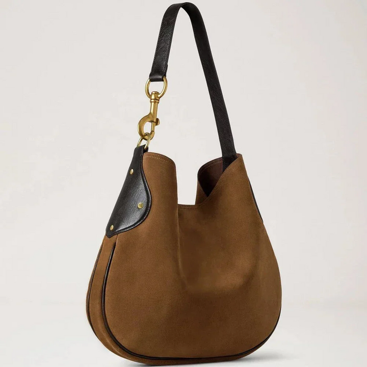 Mulberry Hackney Schoudertas vintage eiken suède met zwarte schouderband en messing details. ModelHH9956047G924.