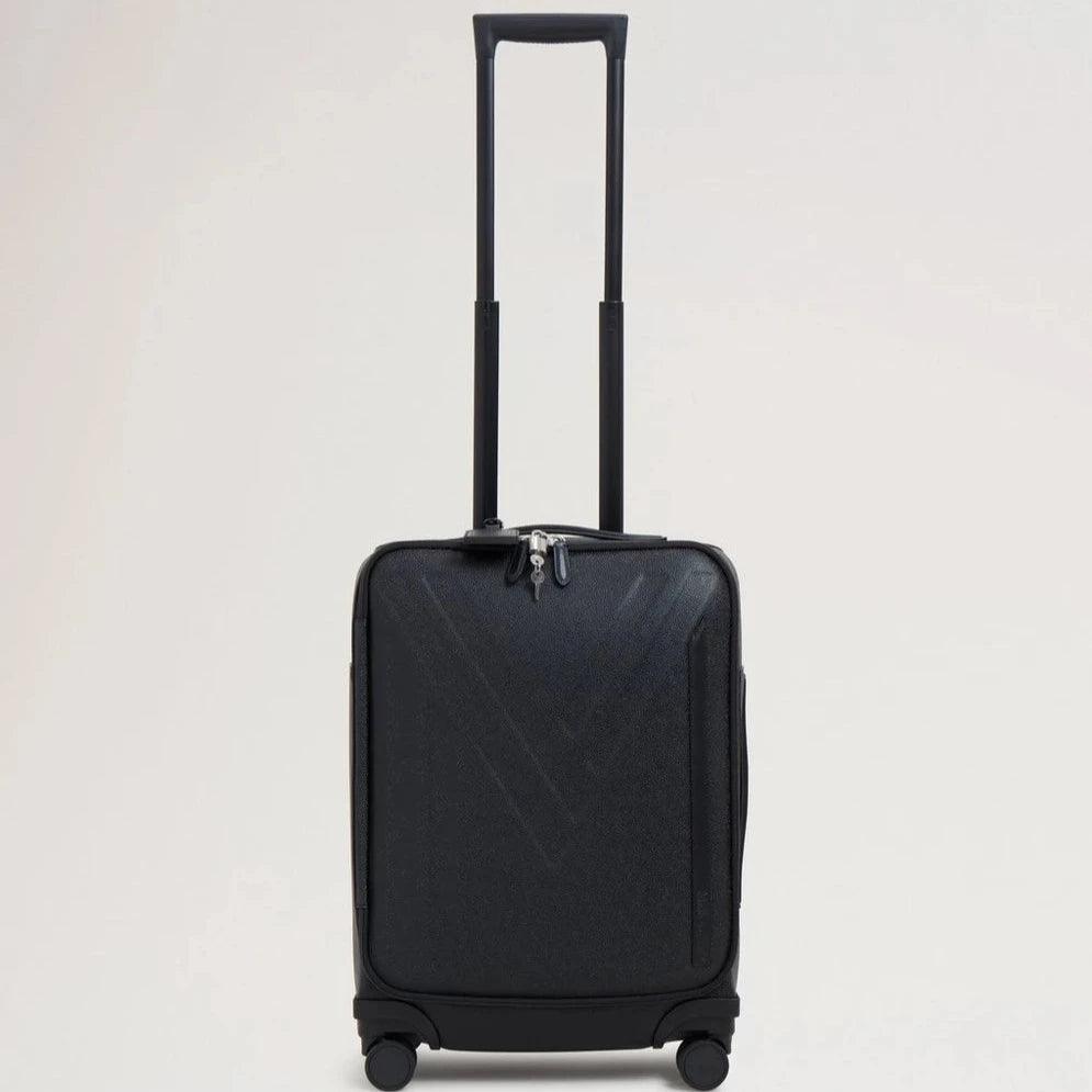 Mulberry Heritage Suitecase Eco Scotchgrain met 4 wielen in zwart, vooraanzicht met uitschuifbare handgreep. ModelHL5158127A100.