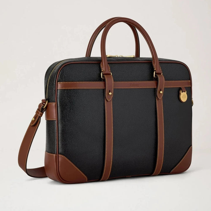 Mulberry Heritage Aktetas zwart en cognac bio-based scotchgrain met handvat en riem, model HB5130127A340.
