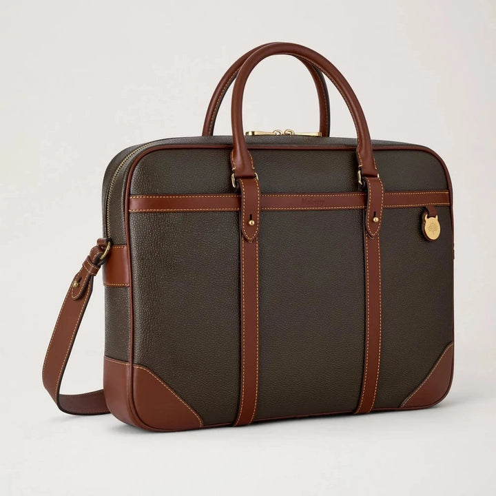 Mulberry Heritage Aktetas Scotchgrain Mole & Cognac, klassieke computertas in donkerbruin en cognackleurig leer met handvat en afneembare schouderband. ModelHB5130127Q330.