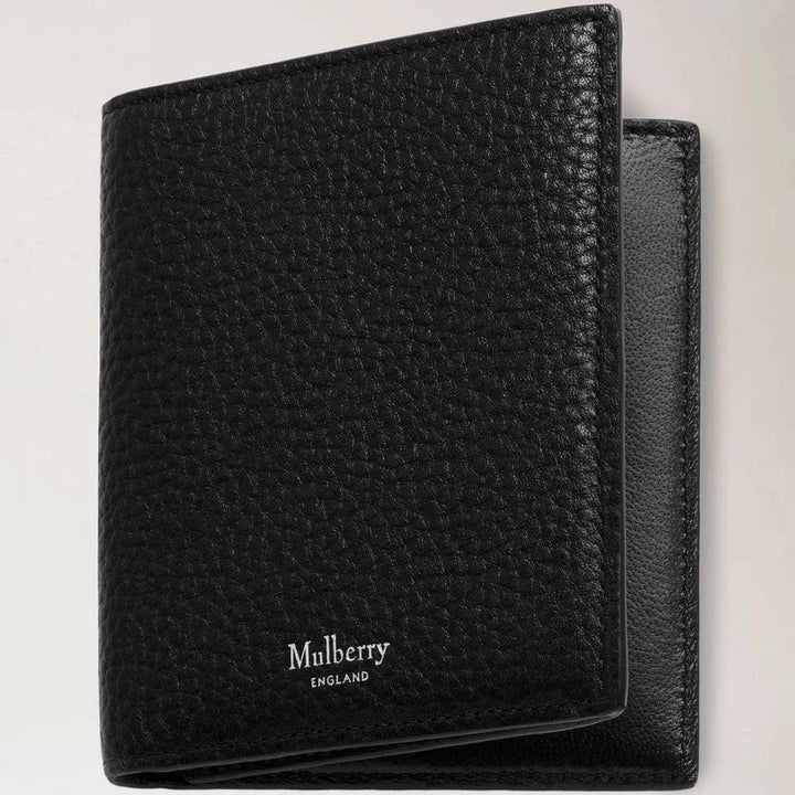 Mulberry Heritage Trifold Wallet Small Classic Grain Black, zwarte portemonnee van leer met reliëf, model rl7396205a100.