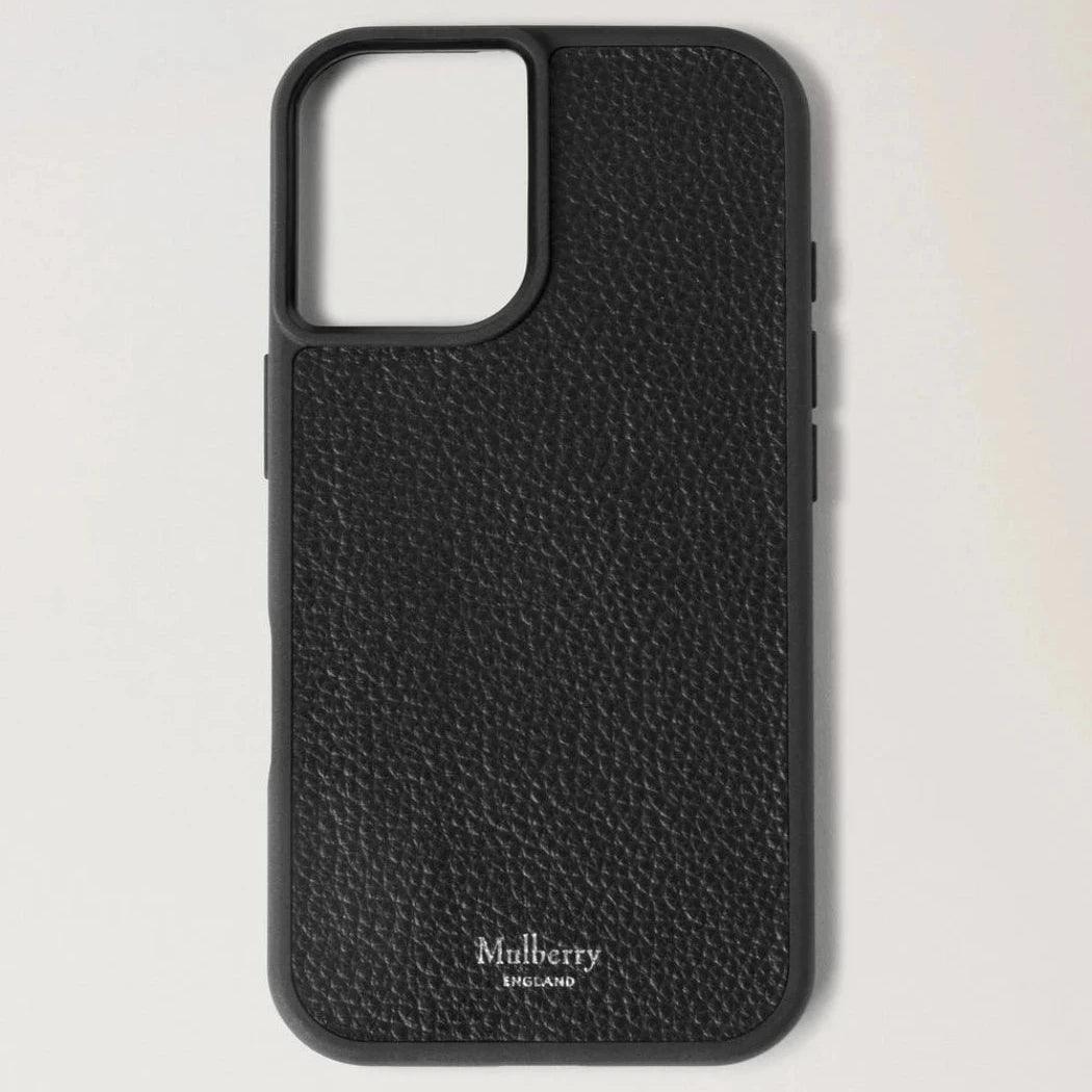 Mulberry iPhone 16 Cover zwart toont elegante zwart lederen cover met structuur voor smartphone, model RL8713205A100.