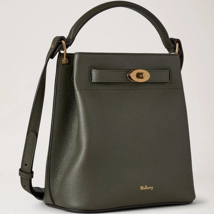 Mulberry Islington Bucket Juniper Green Small Classic Grain in groen leer met gouden details. ModelHH9390205Q749