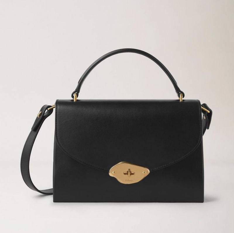 Mulberry Lana Top Handle Black High Gloss Leather, klassieke zwarte handtas in glanzend leer met gouden details. Modelhh9267615a100.