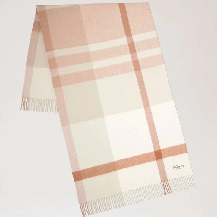 Mulberry Grote geruite sjaal van merinowol, ongevouwen afgebeeld met ruitpatroon in beige en wit, model VS4295889E640.