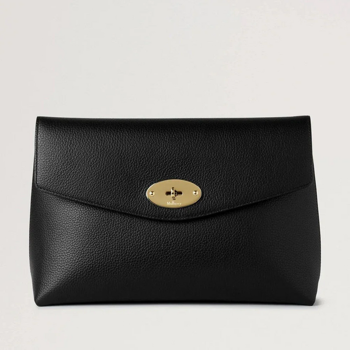 Mulberry Groot Darley Cosmetisch etui Zwart Small Classic Grain met gouden sluiting, zwart leer. ModelRL8849205A100