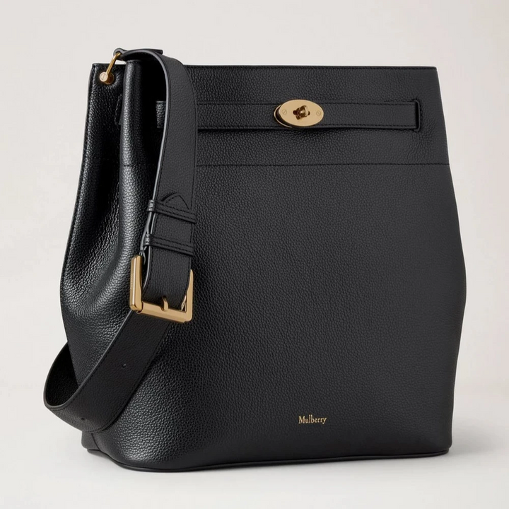Mulberry Groot Islington Bucket Small Classic Grain Black tas van zwart leer met gouden details, model hh9825205a100.