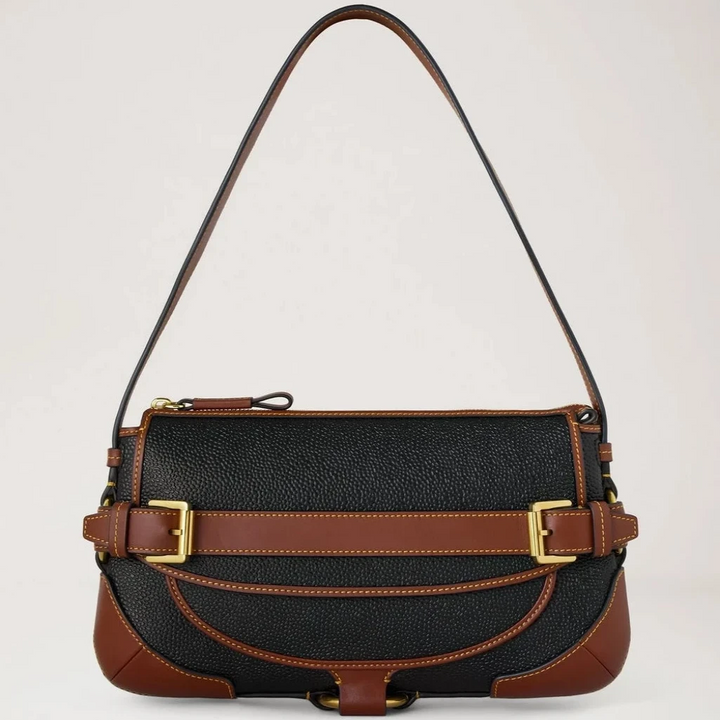 Mulberry Lennox Schoudertas in zwart en cognac biobased Scotchgrain met details, model HH0015127A340.