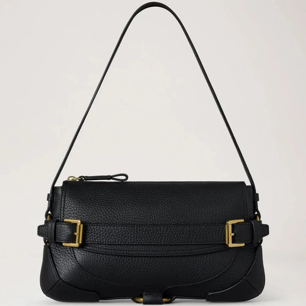 Mulberry Lennox Schouder Heavy Grain Zwarte schoudertas van zwart leer met goudkleurige gespen, Model hh0030736a100