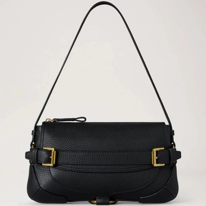 Mulberry Lennox Schouder Heavy Grain Zwarte schoudertas van zwart leer met goudkleurige gespen, Model hh0030736a100