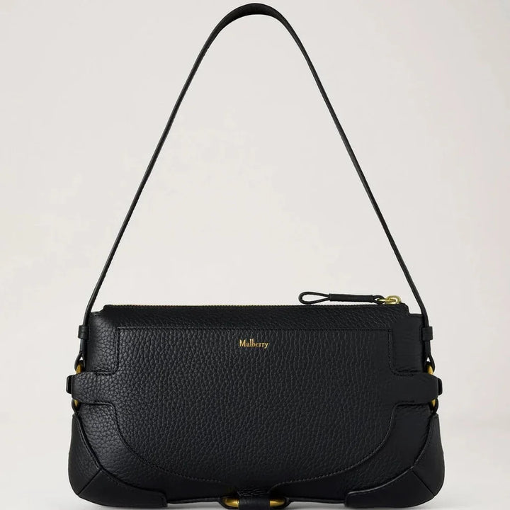 Mulberry Lennox Schouder Heavy Grain Black handtas in zwart leer met verstelbare riem, model HH0030736A100.