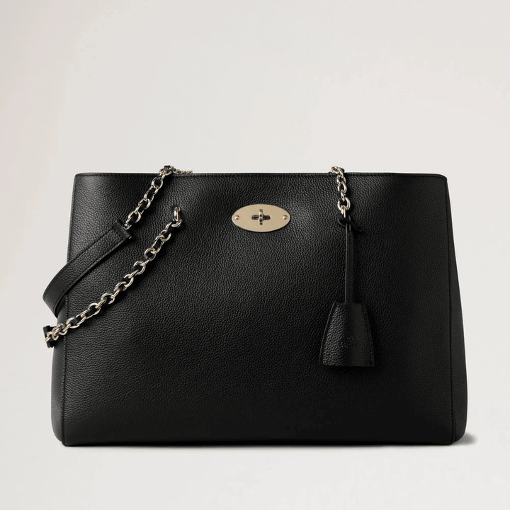 Mulberry Lily Chain Tote Small Classic Grain Black, elegante zwart leren tas met goudkleurige kettingband. ModelHH9576205A100
