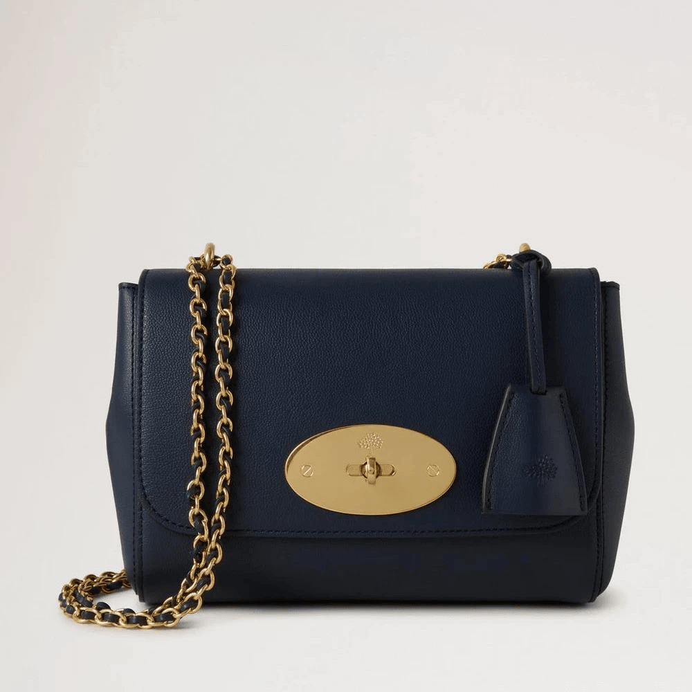Mulberry Lily Micro Classic Grain Night Sky, donkerblauwe leren tas met gouden ketting en sluiting, model HH9179587U888.