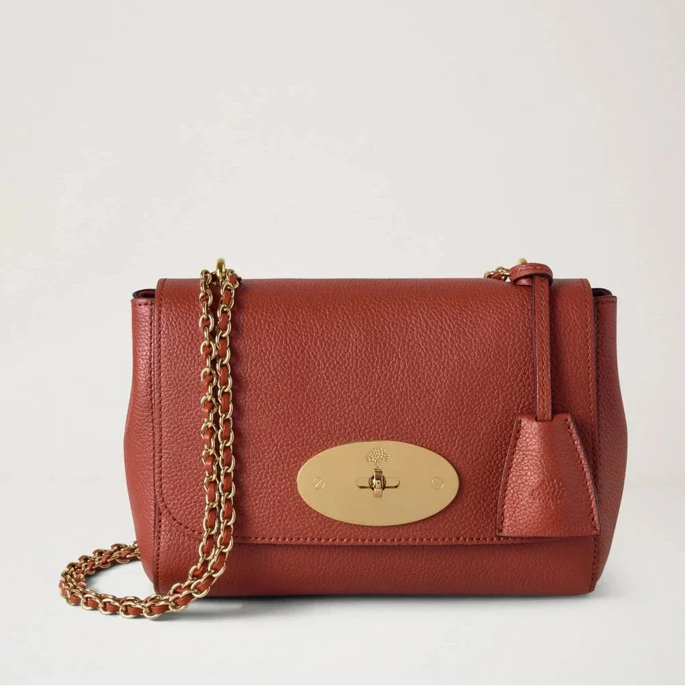 Mulberry Lily Kleine Classic Grain roestkleurige leren tas met gouden kettingriem, model HH3291205L190.