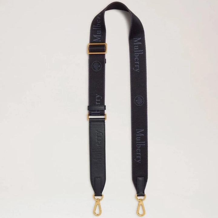 Mulberry Logo singelband Zwart Micro Classic Grain en singelband, zwarte band met logo, verstelbare en goudkleurige gespen. Modelrx0283000a100