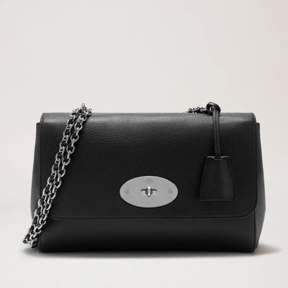 Mulberry Middelmatig Lily Glanzend geitzwarte, zilverkleurige schoudertas van zwart leer met kettingriem, model HH2557874A237