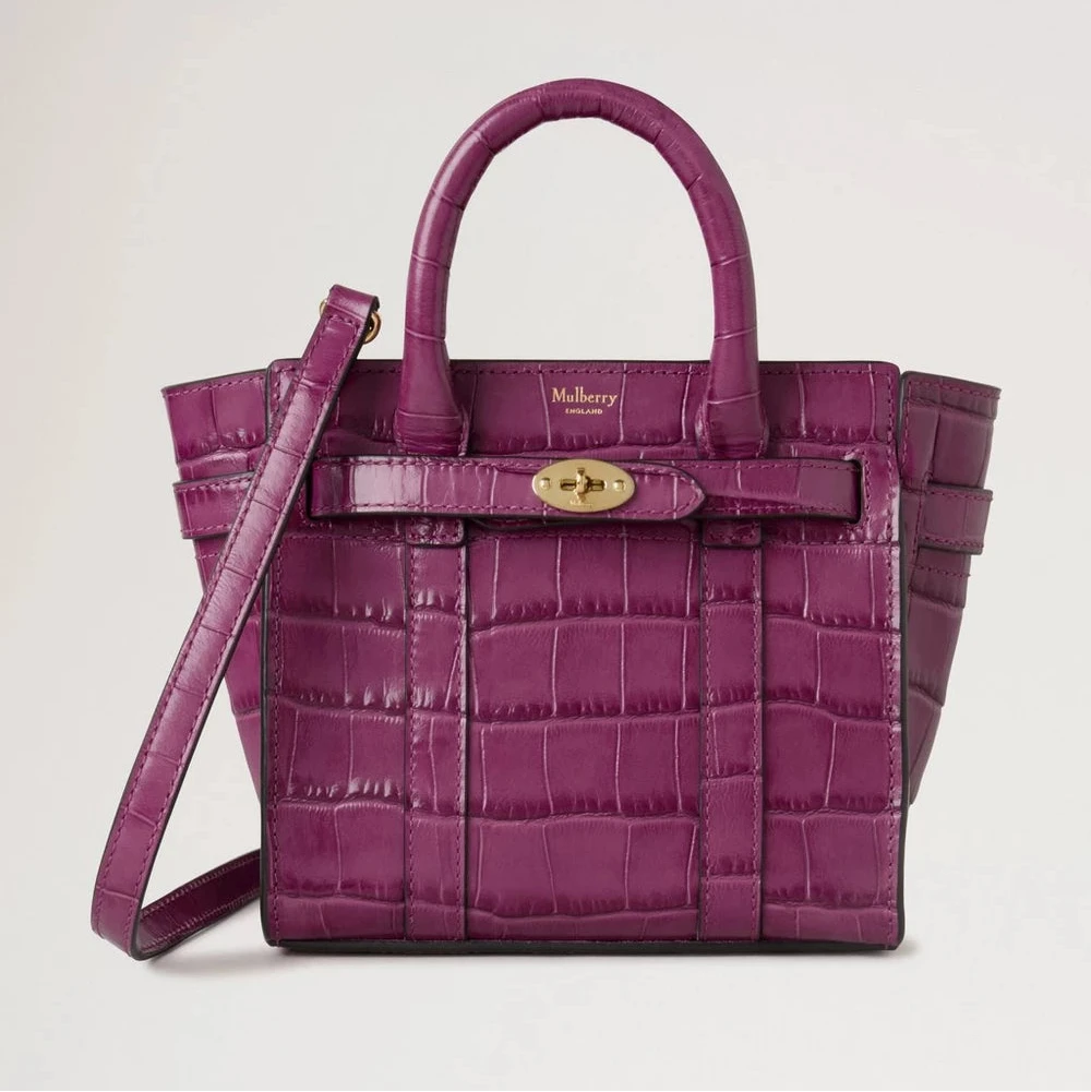 Mulberry Micro-ritssluiting Bayswater Orchid Bloom Shiny Small Croc, paarse handtas van leer met croco-reliëf en gouden gesp. Modelrl8691641j512