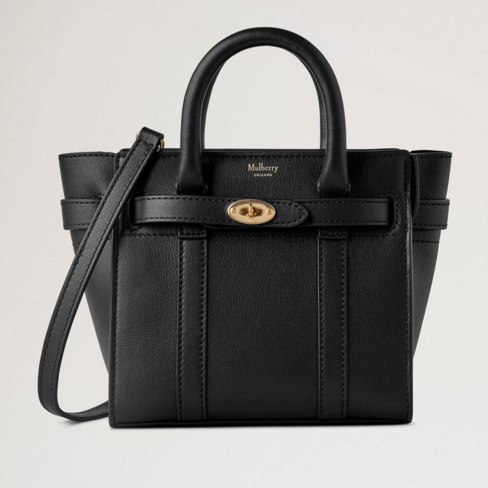 Mulberry Micro-ritssluiting Bayswater Kleine Classic Grain Black handtas van zwart leer met gouden details. Modelrl8237587a100