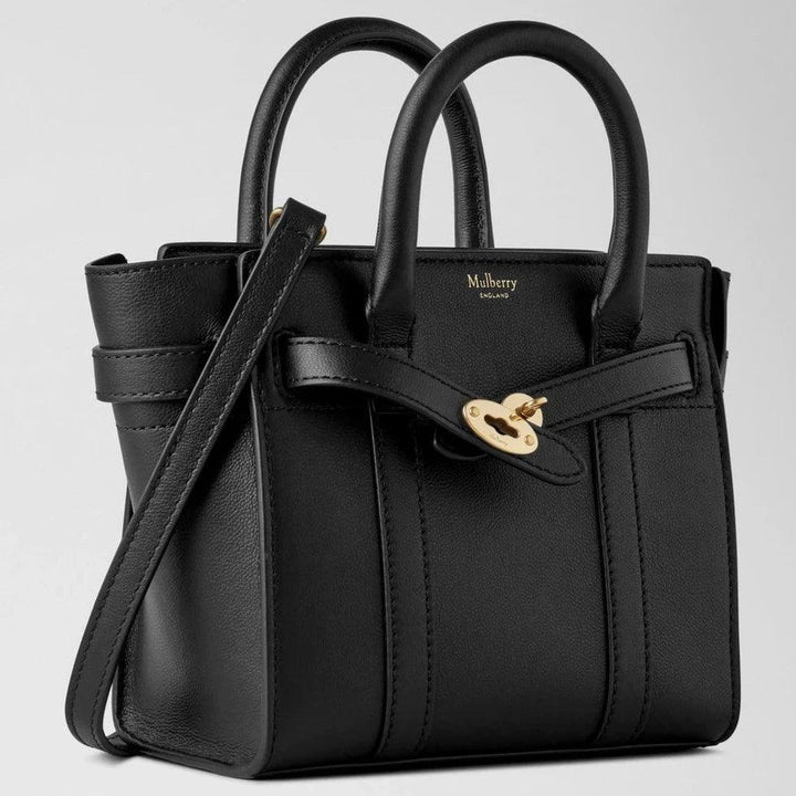 Mulberry Micro-ritssluiting Bayswater Kleine Classic Grain Black handtas van zwart leer met gouden details, model rl8237587a100.
