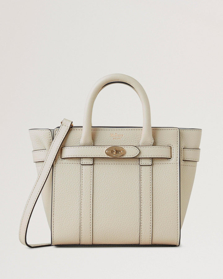 Mulberry Micro-ritssluiting Bayswater Small Classic Grain Chalk, vooraanzicht van lichte leren tas met handvat en schouderband, model RL5476/205W160