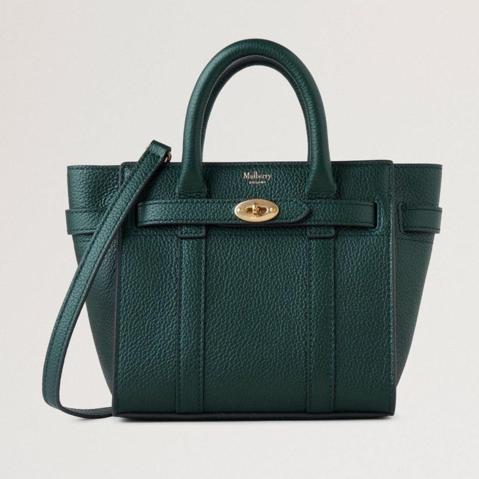 Mulberry Micro-ritssluiting Bayswater Kleine klassieke korrel Mulberry Groen toont een groene leren tas met gouden gesp, model RL5476/205Q633