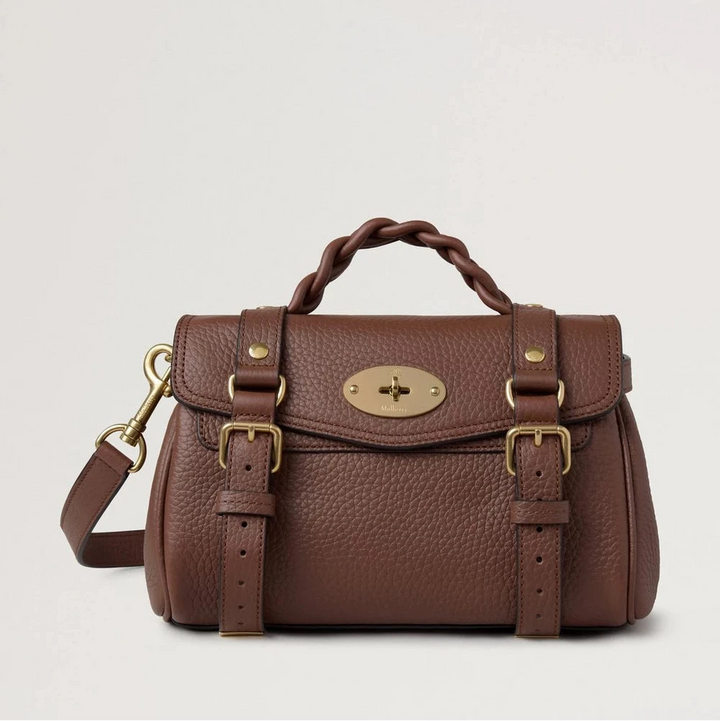 Mulberry Mini Alexa Bright Oak Heavy Grain, bruin leren tas met gevlochten handvat en gouden details. Modelrl6595736g222.