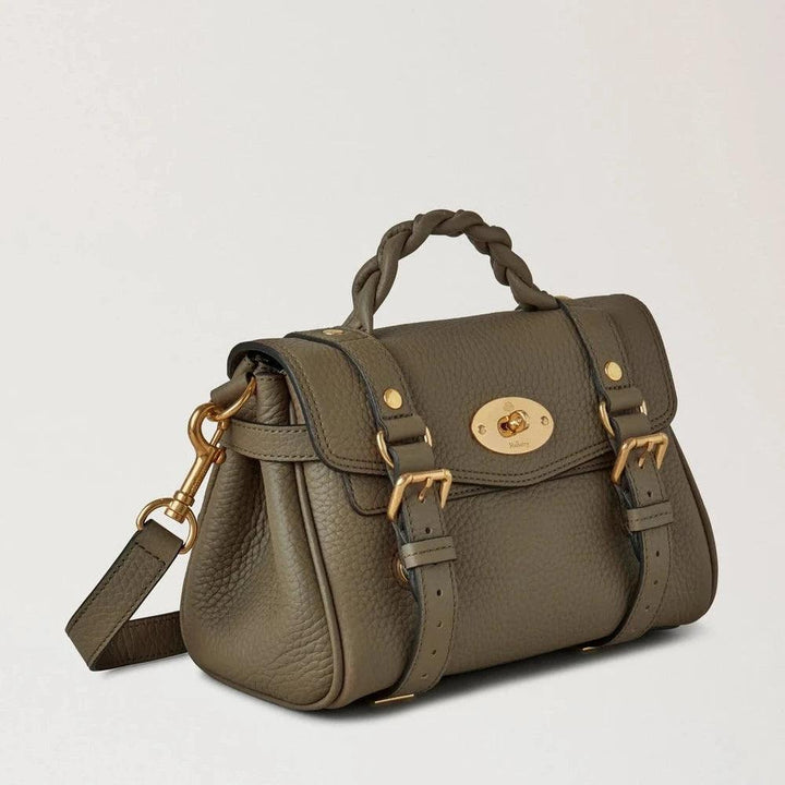 Mulberry Mini Alexa Heavy Grain Linnen Groene schoudertas in olijfgroen leer met gevlochten handvat, Model RL6595736R563.