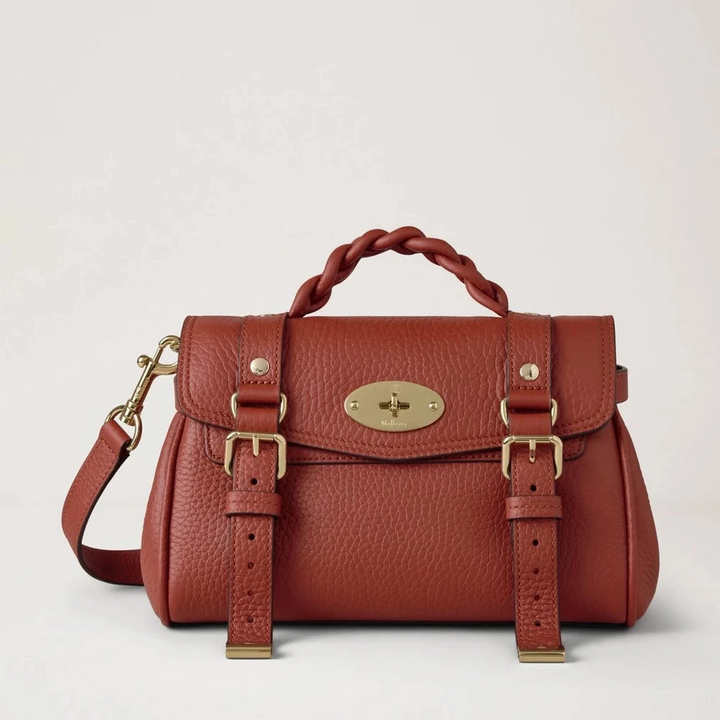 Mulberry Mini Alexa Heavy Grain Rust toont een kleine crossbodytas in roestrood leer met vlechtdetail, model RL6595736L190.