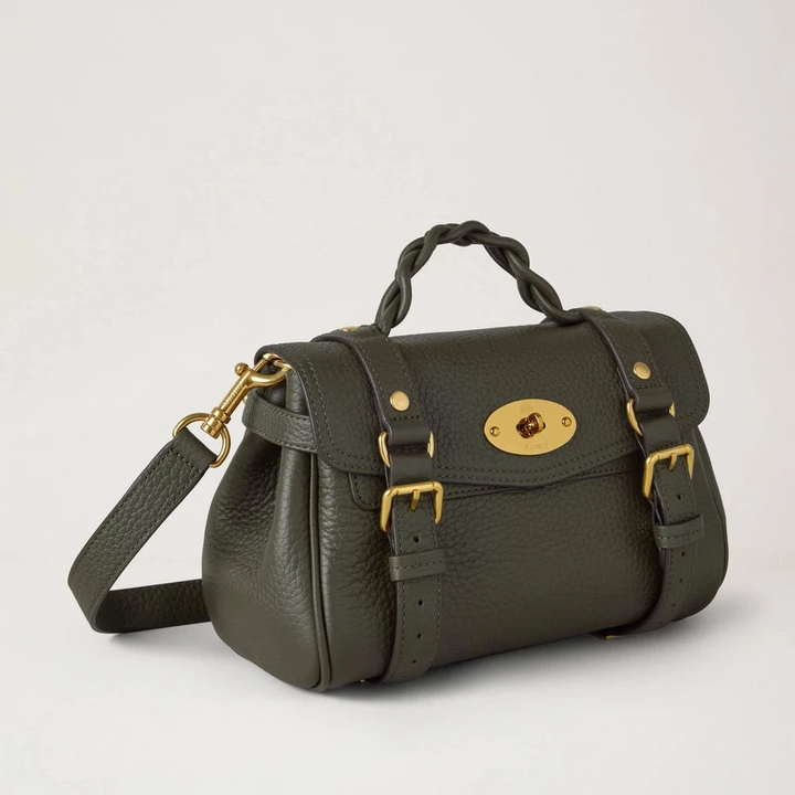 Mulberry Mini Alexa Juniper Green Heavy Grain, kleine handtas in groen reliëf met gouden details. ModelRL6595736Q749
