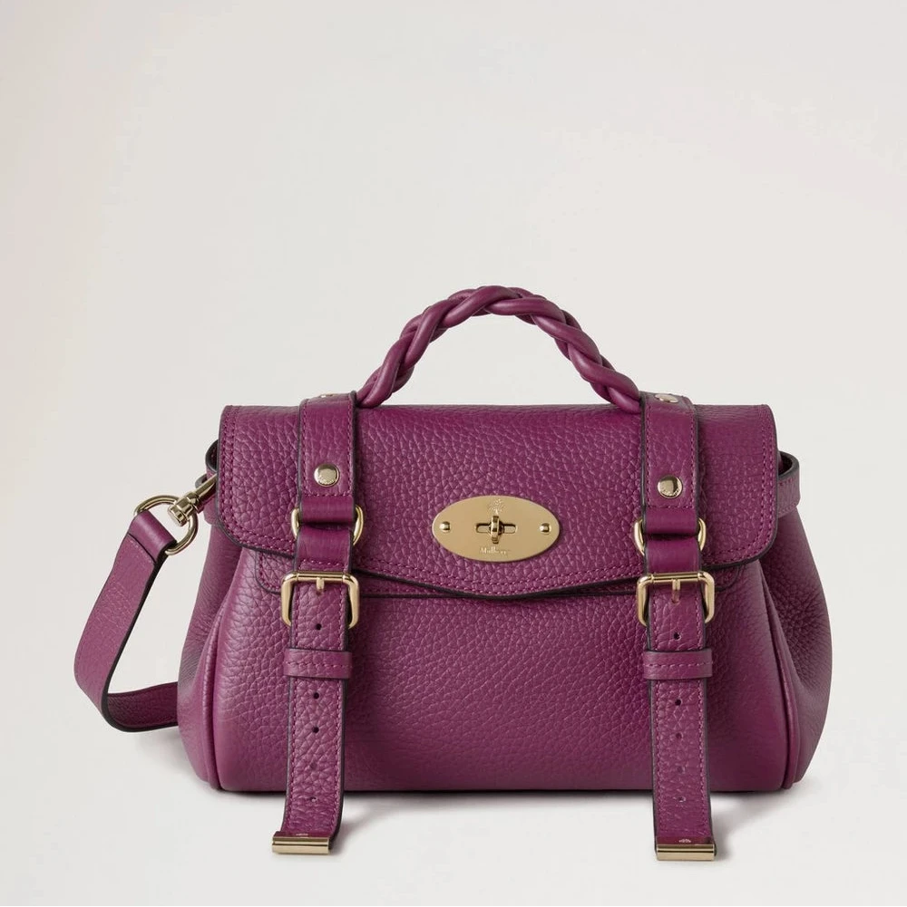 Mulberry Mini Alexa Orchid Bloom Heavy Grain, paarse leren tas met gevlochten handvat en gespen. ModelRL6595736J512