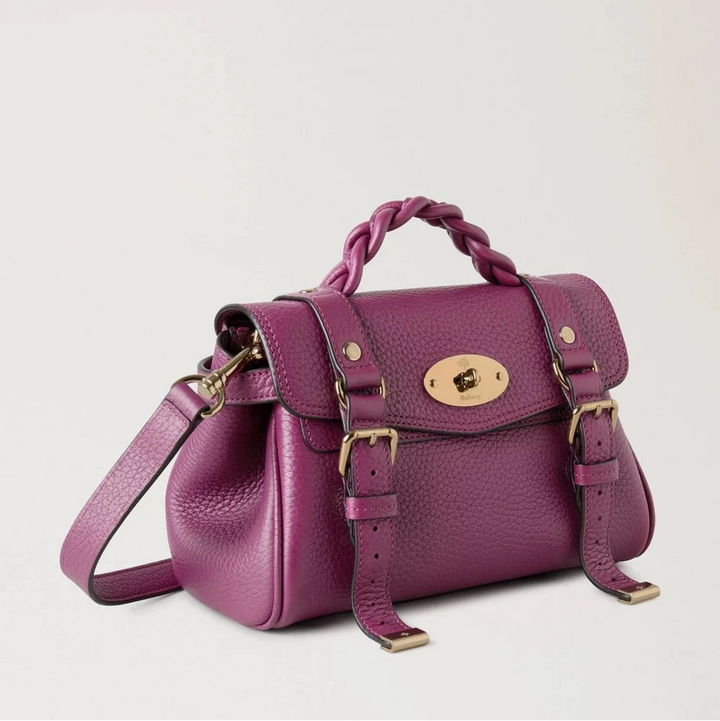 Mulberry Mini Alexa Orchid Bloom tas van zwaar leer in paars met gevlochten handvat, model RL6595736J512.