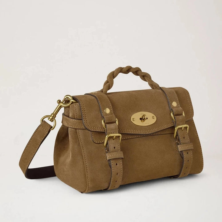 Mulberry Mini Alexa Salcombe Sand Suède schoudertas van zandkleurig suède met gevlochten handvat. ModelRL8924731P705.